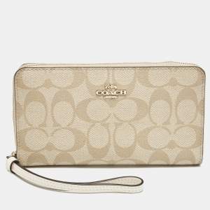 Coach Light Khaki Signature Coated Canvas Zip Around Wallet