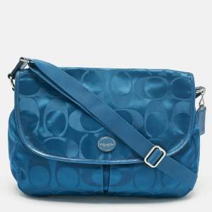 Pre Owned Coach Teal Blue Signature Nylon and Patent Leather Messenger Bag