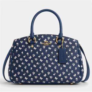 Pre Owned Coach Savannah Small Floral Print Blue Leather Carryall Bag