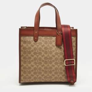 Pre Owned Coach Field Brown/Beige Signature with Horse Carriage Print Coated Canvas and Leather Tote