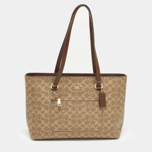 مملوكة مسبقًا Coach Station Beige/Brown Signature Coated Canvas Tote
