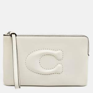 Pre Owned Coach Corner Zip Off White Leather Wristlet Pouch