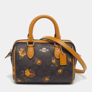 Pre Owned Coach Rowan Mini Brown/Yellow Floral Print Signature Coated Canvas and Leather Satchel