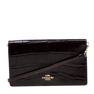 Coach Burgundy Croc Embossed Leather Clutch Bag