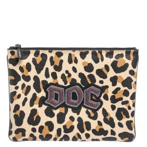 Coach Beige/Black Leopard Print Coated Canvas Large Disney Snow DOC Clutch