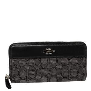 Pre Owned Coach Grey/Black Signature Canvas and Leather Zip Around Wallet