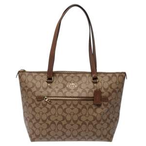 Pre Owned Coach Beige/Brown Signature Coated Canvas and Leather Gallery Tote