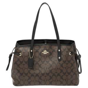 Pre Owned Coach Brown/Black Signature Coated Canvas and Leather Drawstring Carryall Tote