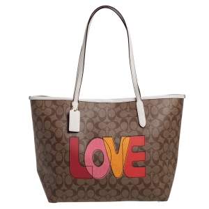 Coach Beige/White Signature Love Print Coated Canvas and Leather  City Tote