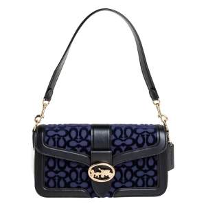 Pre Owned Coach Black/Blue Leather and Velvet Trimmed Georgie Shoulder Bag