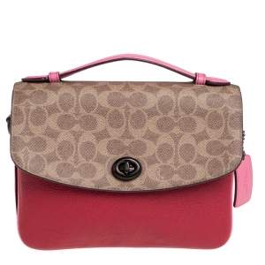 Pre Owned Coach Pink/Red Signature Coated Canvas and Leather Cassie Top Handle Bag