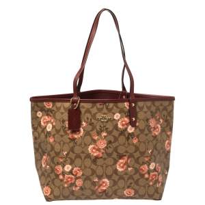Pre Owned Coach Brown/Beige Floral Print Signature Coated Canvas and Leather Reversible City Tote