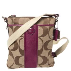 Pre Owned Coach Beige Signature Canvas And Purple Leather Crossbody Bag