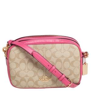 Pre Owned Coach  Beige/Pink Signature Coated Canvas and Leather Jes Crossbody Bag