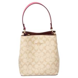 Pre Owned Coach Beige/Pink Signature Coated Canvas and Leather Small Town Bucket Bag