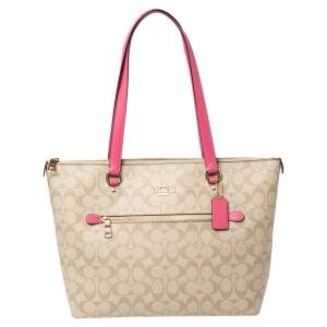 Pre Owned Coach Beige/Pink Signature Coated Canvas and Leather Gallery Tote