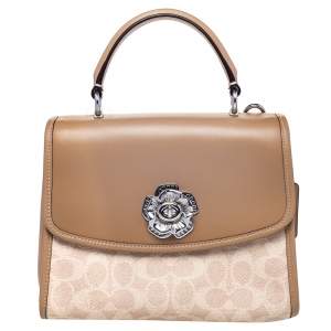 Pre Owned Coach Beige Signature Coated Canvas And Leather Parker Top Handle Bag