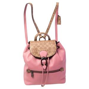Pre Owned Coach Brown/Pink Leather and Signature Canvas Blocking Evie Backpack