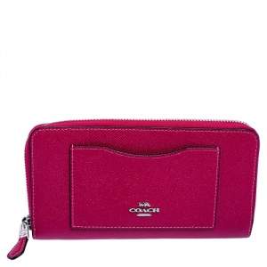 Pre Owned Coach Hot Pink Leather Accordion Zip Around Wallet