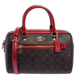 Pre Owned Coach Red/Brown Signature Coated Canvas and Leather Rowan Boston Bag