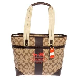 Pre Owned Coach Brown Signature Coated Canvas and Leather Heritage Stripe Tote