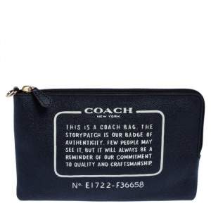 Pre Owned Coach Navy Blue Leather Logo Zip Pouch 