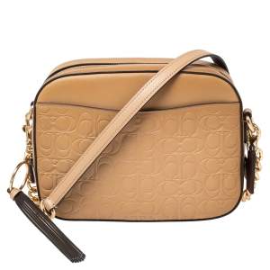 Coach Beige Signature Emboosed Leather Camera Crossbody Bag