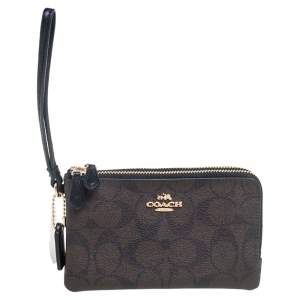 Pre Owned Coach Brown Signature Coated Canvas Double Zip Wristlet