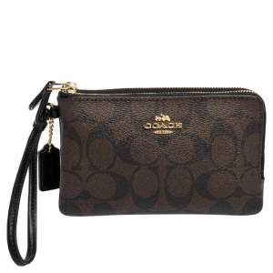 Pre Owned Coach Brown/Black Signature Leather Double Corner Zip Wallet 