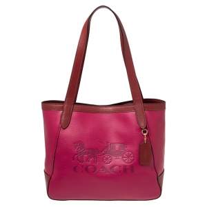 Pre Owned Coach Magenta/Red Leather Horse And Carriage Tote