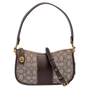 Pre Owned Coach Brown/White Canvas and Leather Swinger Crossbody Bag