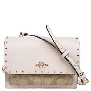 Coach Light Beige Leather and Coated Canvas With Rivets Klare Crossbody Bag