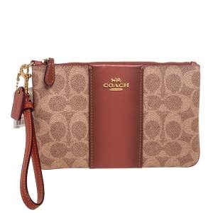 Coach Beige Brown Signature Coated Canvas and Leather Zip Wristlet 