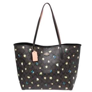 Coach Brown Signature Coated Canvas and Leather Floral Print City Tote