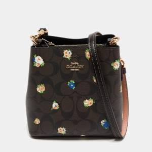 Coach Brown Signature Coated Canvas and Leather Mini Vintage Rose Print Town Bucket Bag