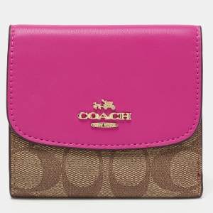 Coach Pink/brown Signature Coated Canvas and Leather Flap Compact Wallet