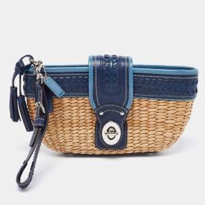 Coach Two Tone Blue Straw and Leather Turnlock Clutch