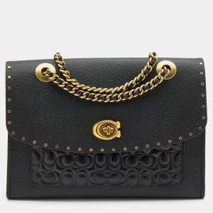 Coach Black Leather Studded Parker Flap Shoulder Bag
