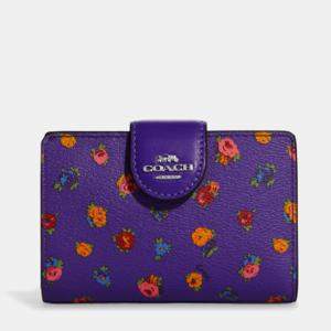 Coach Purple Leather Vintage Rose Print Zip Wallet