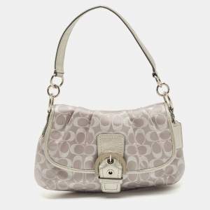 Coach Grey Signature Fabric and Leather Buckle Shoulder Bag