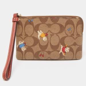 Coach Beige Signature Coated Canvas Cat Mittens Zip Wristlet Pouch