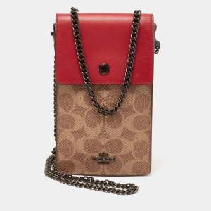 Coach Multicolor Signature Canvas And Leather Chain Crossbody Phone Pouch