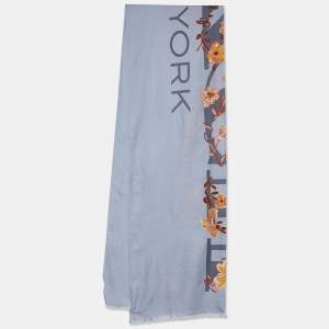 Coach Blue Floral Bow Print Cotton & Silk Oblong Scarf