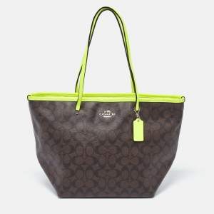 Coach Green/Brown Signature Coated Canvas and Leather Street Zip Tote