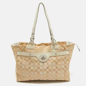 Coach Beige/Off White Signature Canvas and Snakeskin Embossed Leather Penelope Tote