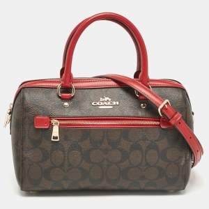 Coach Red/Brown Signature Coated Canvas Rowan Boston Bag