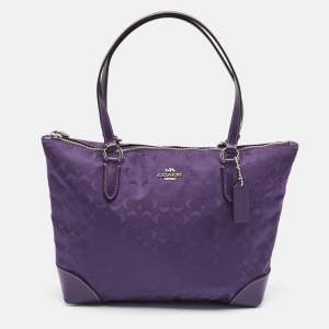 Coach Purple Signature Nylon and Leather Zip Top Tote