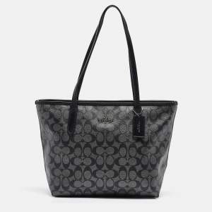 Coach Black/Silver Signature Coated Canvas and Leather City Zip Tote