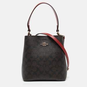 Coach Red/Brown Signature Coated Canvas and Leather Small Town Bucket Bag