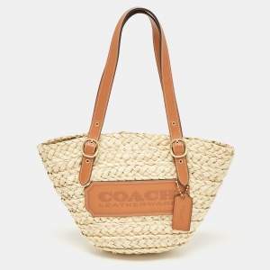 Coach Beige/Brown Raffia and Leather Structured 16 Tote 